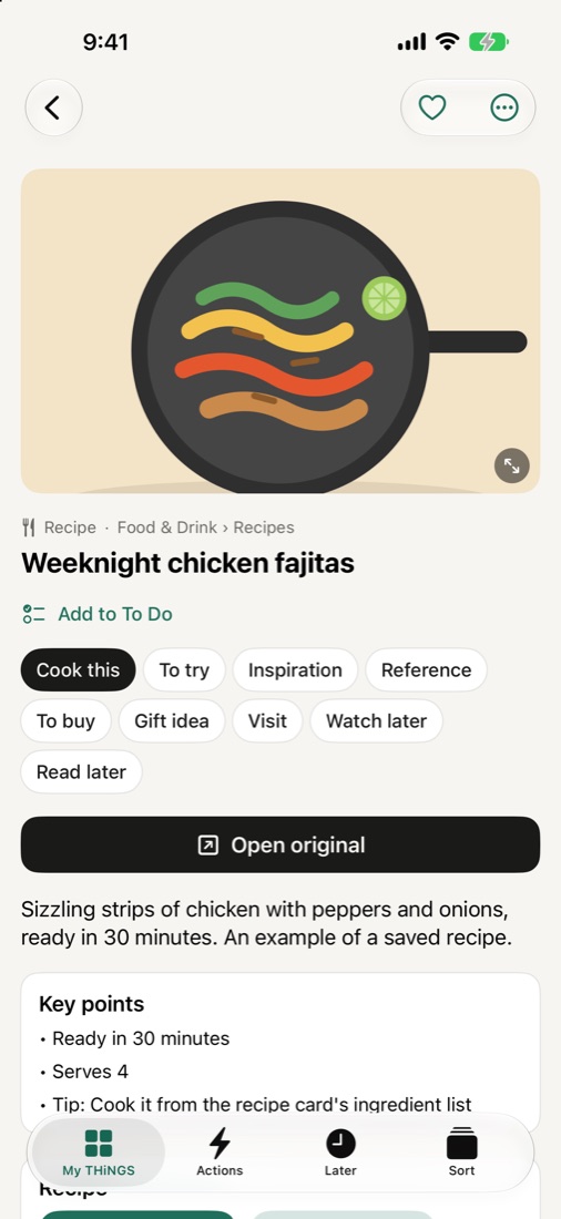 A saved recipe with its why labels
