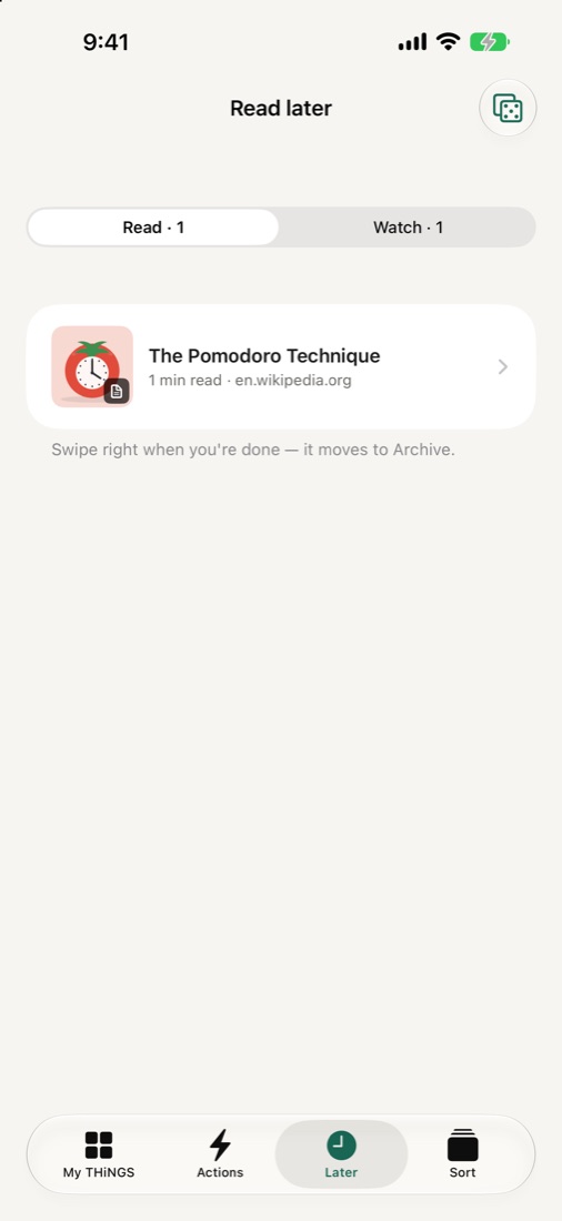 The Later tab with reading and watching lists