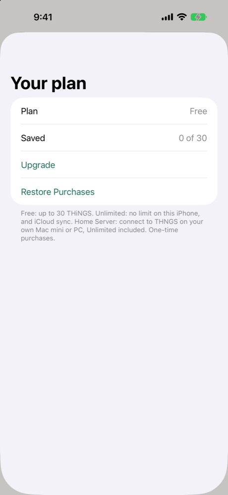 Settings › Your plan: Free, 0 of 30, Upgrade, Restore Purchases